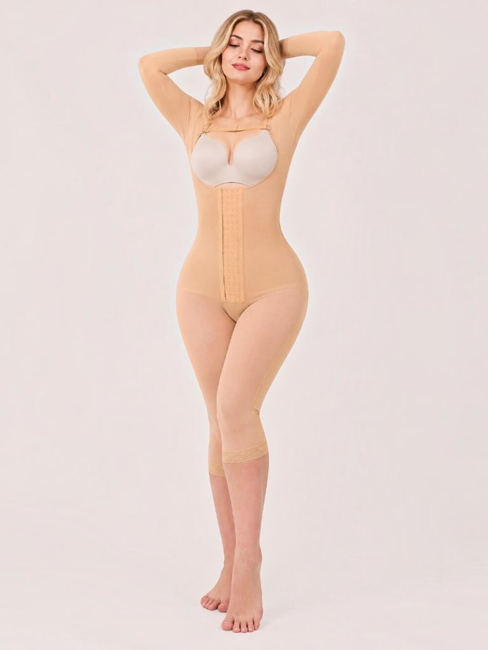 Beige Underbust Tummy Control Mid-Calf Bodysuit Postsurgical Body Shaper XL 2XL
